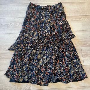 Peruvian Connection Navy Floral Tiered Viscose Maxi Skirt Ruffle Size 12